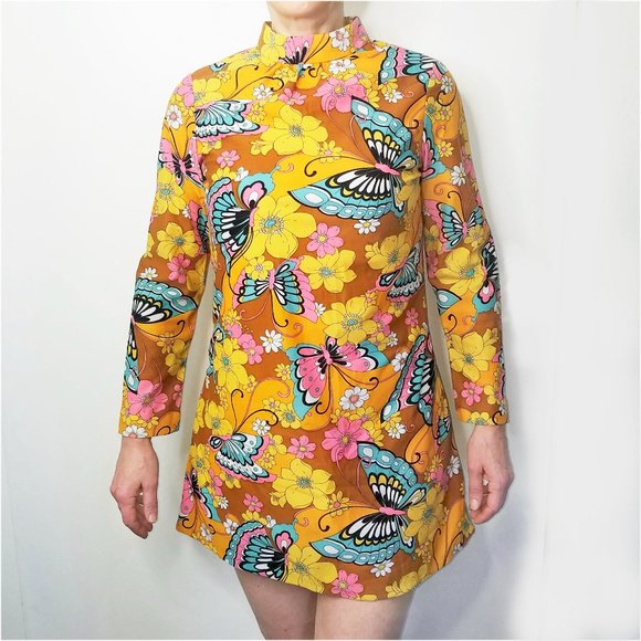 Vintage 1970s Iconic Womens Mini Dress Butterflies Flowers Mod A-line Woodstock - Picture 11 of 16